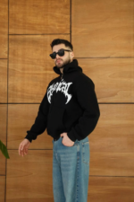 Erkek Kapüşonlu Sweatshirt  Hoodie 3 İplik Şardonlu Pamuklu Kumaş, Önü Baskılı, Fermuarlı Rahat Kalıp, Kışlık Ve Sokak Stili Sweat - Siyah - Görsel 4