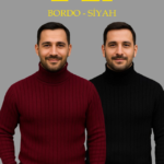 Erkek Fitilli Triko Kazak 2li Set Bordo Siyah Regular Balıkcı Yaka Tam Boğazlı Triko Seti Modeli Kazak