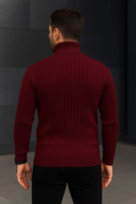 Erkek Fitilli Triko Kazak 2li Set Bordo Siyah Regular Balıkcı Yaka Tam Boğazlı Triko Seti Modeli Kazak - Görsel 2