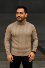 Erkek Fitilli Triko Kazak 3lÜ Set Bej Haki Siyah Regular Balıkcı Yaka Tam Boğazlı Triko Seti Modeli Kazak - Görsel 4