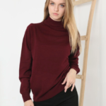 Yarım Boğaz Triko Kazak Yumuşak Dokulu Pamuklu Ince Dokuma, Uzun Kollu Rahat Regular Kalıp - Bordo