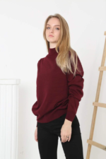 Yarım Boğaz Triko Kazak Yumuşak Dokulu Pamuklu Ince Dokuma, Uzun Kollu Rahat Regular Kalıp - Bordo - Görsel 3