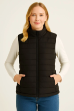 Şişme Fermuarlı Yelek Su Itici Kapitone Astarlı Kumaş Cepli Hafif Kışlık Spor Rahat Kalıp - Siyah - Görsel 2