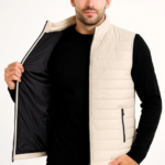 Erkek Şişme Fermuarlı Yelek Su Itici Kapitone Astarlı Kumaş Cepli Hafif Kışlık Spor Rahat Kalıp -Bej