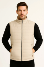 Erkek Şişme Fermuarlı Yelek Su Itici Kapitone Astarlı Kumaş Cepli Hafif Kışlık Spor Rahat Kalıp -Bej - Görsel 2