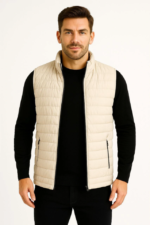 Erkek Şişme Fermuarlı Yelek Su Itici Kapitone Astarlı Kumaş Cepli Hafif Kışlık Spor Rahat Kalıp -Bej - Görsel 4