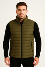 Erkek Şişme Fermuarlı Yelek Su Itici Kapitone Astarlı Kumaş Cepli Hafif Kışlık Spor Rahat Kalıp - Haki - Görsel 2