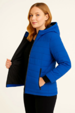 Şişme Kapüşonlu Fermuarlı Mont Su Itici Kapitone Astarlı Kumaş Cepli Kışlık Rahat Kalıp  - Saks Mavisi - Görsel 2