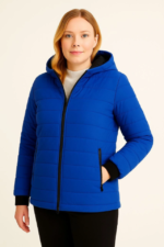 Şişme Kapüşonlu Fermuarlı Mont Su Itici Kapitone Astarlı Kumaş Cepli Kışlık Rahat Kalıp  - Saks Mavisi - Görsel 3