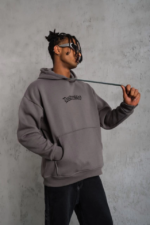 Erkek Üç İplik Baskılı Kapüşonlu Sweat - Gri - Görsel 2