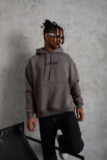 Erkek Üç İplik Baskılı Kapüşonlu Sweat - Gri - Görsel 4