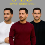 Erkek Fitilli Triko Kazak 3lü Set Beyaz Bordo Siyah Regular Fit Bisiklet Yaka Triko Seti