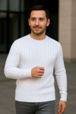 Erkek Fitilli Triko Kazak 3lü Set Beyaz Bordo Siyah Regular Fit Bisiklet Yaka Triko Seti - Görsel 3