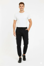 Erkek Siyah Jogger Eşofman Altı Rahat Kalıp, Kargo Cepli, Lastikli Paça, Günlük Spor Pantolon - Siyah - Görsel 3