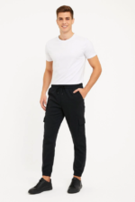 Erkek Siyah Jogger Eşofman Altı Rahat Kalıp, Kargo Cepli, Lastikli Paça, Günlük Spor Pantolon - Siyah - Görsel 4