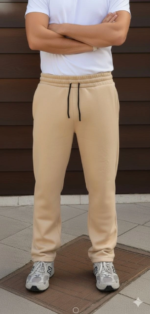 Erkek Üç Iplik Kışlık Pamuklu Ovarsize Bağcıklı Düz Paça Cepli Eşofman Altı Spor Rahat Model - Bej - Görsel 3