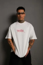 Erkek Oversize Tişört – Beyaz 24/1 Penye Kumaş, Bisiklet Yaka, Ön - Arka Baskılı, Streetwear Tarzı Rahat Büyük Kalıp T-Shirt- Beyaz - Görsel 2