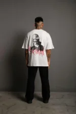 Erkek Oversize Tişört – Beyaz 24/1 Penye Kumaş, Bisiklet Yaka, Ön - Arka Baskılı, Streetwear Tarzı Rahat Büyük Kalıp T-Shirt- Beyaz - Görsel 3