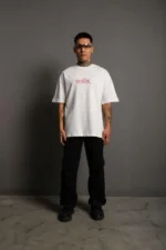 Erkek Oversize Tişört – Beyaz 24/1 Penye Kumaş, Bisiklet Yaka, Ön - Arka Baskılı, Streetwear Tarzı Rahat Büyük Kalıp T-Shirt- Beyaz - Görsel 4