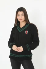 V Yaka Örgülü Kazak - Siyah