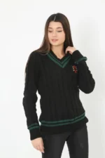 V Yaka Örgülü Kazak - Siyah - Görsel 2