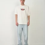 Unisex Bisiklet Yaka Baskılı Oversize T-Shirt - Beyaz