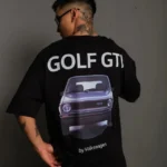 Erkek Oversize Baskılı Tişört – Golf GTI Retro Araba Desenli, Ön - Arka Dijital Baskı, Sokak Modası Stil - Siyah