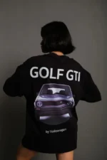 Oversize Baskılı Tişört – Golf GTI Retro Araba Desenli, Ön - Arka Dijital Baskı, Sokak Modası Stil - Siyah