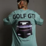 Erkek Oversize Baskılı Tişört – Golf GTI Retro Araba Desenli, Ön - Arka Dijital Baskı, Sokak Modası Stil - Mint Yeşili