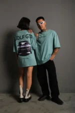 Erkek Oversize Baskılı Tişört – Golf GTI Retro Araba Desenli, Ön - Arka Dijital Baskı, Sokak Modası Stil - Mint Yeşili - Görsel 3