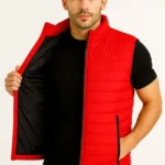 Erkek Şişme Fermuarlı Yelek Su Itici Kapitone Astarlı Kumaş Cepli Hafif Kışlık Spor Rahat Kalıp - Kırmızı