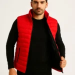 Erkek Şişme Fermuarlı Yelek Su Itici Kapitone Astarlı Kumaş Cepli Hafif Kışlık Spor Rahat Kalıp - Kırmızı - Görsel 3