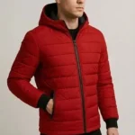 Erkek Şişme Kapüşonlu Fermuarlı Mont Su Itici Kapitone Astarlı Kumaş Cepli Kışlık Rahat Kalıp - Kırmızı