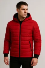 Erkek Şişme Kapüşonlu Fermuarlı Mont Su Itici Kapitone Astarlı Kumaş Cepli Kışlık Rahat Kalıp - Kırmızı - Görsel 2