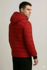 Erkek Şişme Kapüşonlu Fermuarlı Mont Su Itici Kapitone Astarlı Kumaş Cepli Kışlık Rahat Kalıp - Kırmızı - Görsel 3