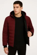 Erkek Şişme Kapüşonlu Fermuarlı Mont Su Itici Kapitone Astarlı Kumaş Cepli Kışlık Rahat Kalıp - Bordo