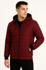 Erkek Şişme Kapüşonlu Fermuarlı Mont Su Itici Kapitone Astarlı Kumaş Cepli Kışlık Rahat Kalıp - Bordo - Görsel 2