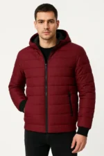 Erkek Şişme Kapüşonlu Fermuarlı Mont Su Itici Kapitone Astarlı Kumaş Cepli Kışlık Rahat Kalıp - Bordo - Görsel 4