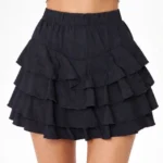 Siyah Katlı Mini Fırfıtlı Etek Lastikli Yüksel Bel, Volanlı Tasarım, Rahat Kalıp, Günlük Ve Şık Kombinelere Uygun Yazlık Etek - Siyah