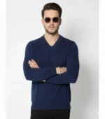 Erkek V Yaka Triko Kazak Yumuşak Dokulu Pamuklu Ince Dokuma, Uzun Kollu Rahat Regular Kalıp - Lacivert - Görsel 2