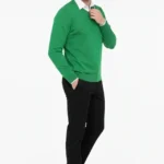 Erkek V Yaka Triko Kazak Yumuşak Dokulu Pamuklu Ince Dokuma, Uzun Kollu Rahat Regular Kalıp - Çimen Yeşili