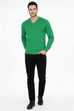 Erkek V Yaka Triko Kazak Yumuşak Dokulu Pamuklu Ince Dokuma, Uzun Kollu Rahat Regular Kalıp - Çimen Yeşili - Görsel 2