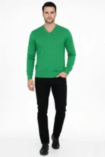 Erkek V Yaka Triko Kazak Yumuşak Dokulu Pamuklu Ince Dokuma, Uzun Kollu Rahat Regular Kalıp - Çimen Yeşili - Görsel 3