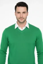 Erkek V Yaka Triko Kazak Yumuşak Dokulu Pamuklu Ince Dokuma, Uzun Kollu Rahat Regular Kalıp - Çimen Yeşili - Görsel 4