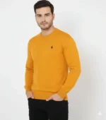 Erkek Bisiklet Yaka Nakış Işlemeli Triko Kazak Yumuşak Dokulu Pamuklu Ince Dokuma, Uzun Kollu Rahat Regular Kalıp - Turuncu