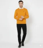 Erkek Bisiklet Yaka Nakış Işlemeli Triko Kazak Yumuşak Dokulu Pamuklu Ince Dokuma, Uzun Kollu Rahat Regular Kalıp - Turuncu - Görsel 2