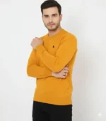 Erkek Bisiklet Yaka Nakış Işlemeli Triko Kazak Yumuşak Dokulu Pamuklu Ince Dokuma, Uzun Kollu Rahat Regular Kalıp - Turuncu - Görsel 4