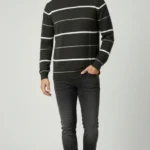 Erkek Bisiklet Yaka Cizgili Triko Kazak Yumuşak Dokulu Pamuklu Ince Dokuma, Uzun Kollu Rahat Regular Kalıp - Füme