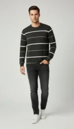 Erkek Bisiklet Yaka Cizgili Triko Kazak Yumuşak Dokulu Pamuklu Ince Dokuma, Uzun Kollu Rahat Regular Kalıp - Füme