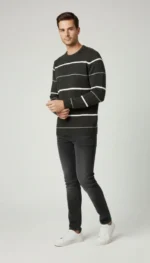 Erkek Bisiklet Yaka Cizgili Triko Kazak Yumuşak Dokulu Pamuklu Ince Dokuma, Uzun Kollu Rahat Regular Kalıp - Füme - Görsel 2